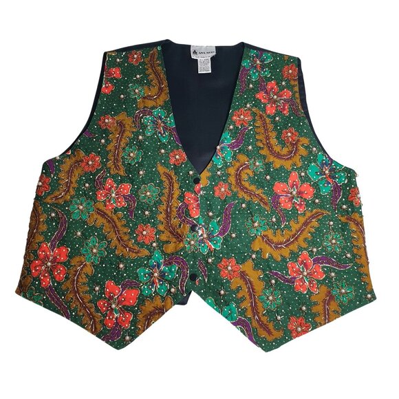 Ana Mori Floral Embellished Vest Beaded Adjustable Back Strap Holiday Christmas - Picture 1 of 6